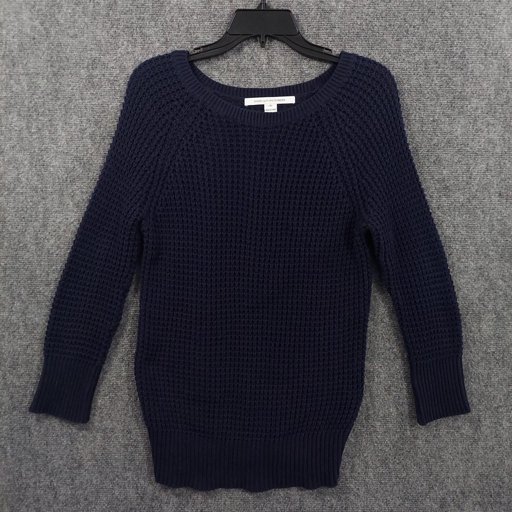 Diane‎ Von Furstenberg Sweater Womens Medium Blue Waffle Knit Crew Neck Pullover